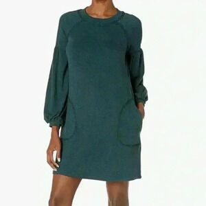 Max Studio Women's Topstitched Puffy Sleeve Dress with Pockets Size XS, Dark Grn